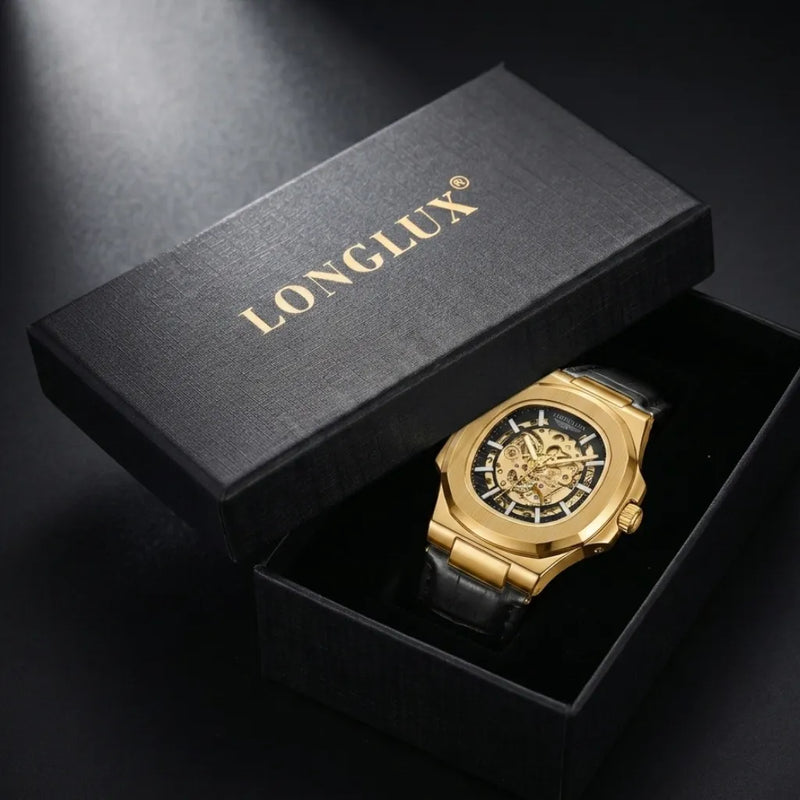 Relógio masculino couro preto automático Long Lux Vanguard com caixa irregular e mostrador skeleton