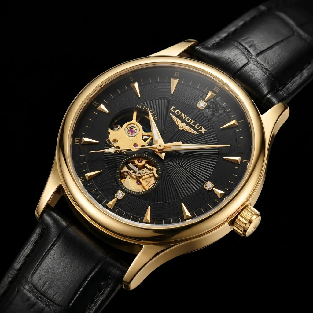 Caixa preta relógio automático skeleton LONGLUX Dornell vista lateral
